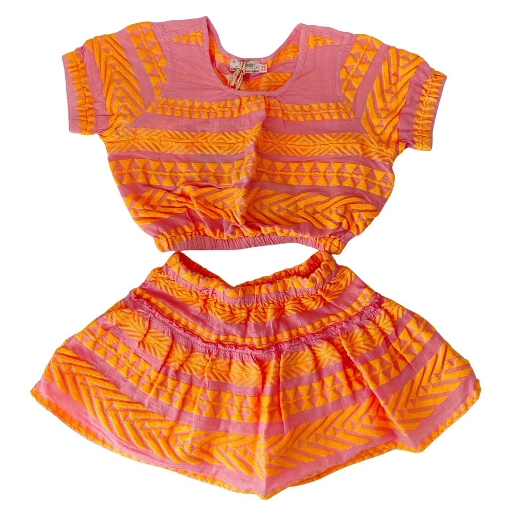 A beautiful two piece featuring Aurora Blouse Top and the Snow White skirt in Neon Orange and Neon Pink from the children's line of Greek brand, Devotion Twins