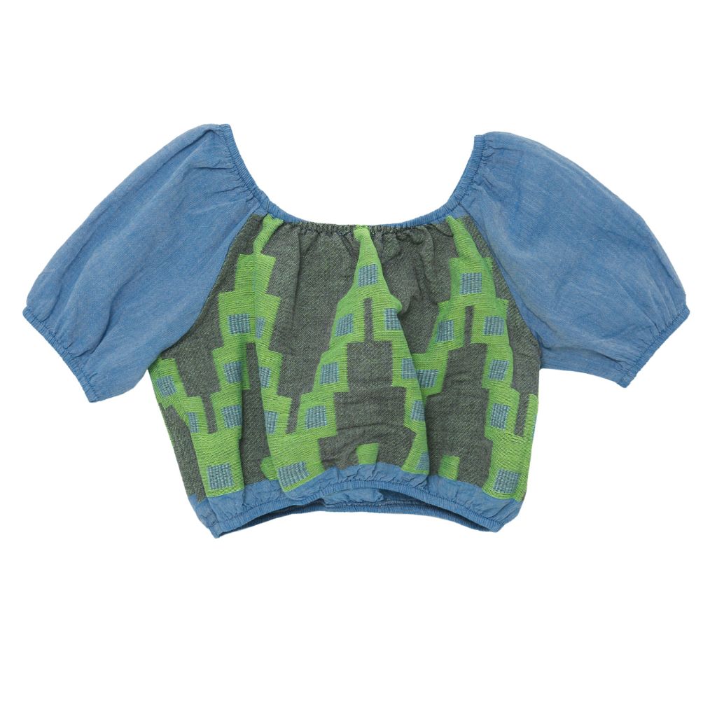 Back product shot of Devotion Twins Stars Dafni blouse top in denim blue and neon green