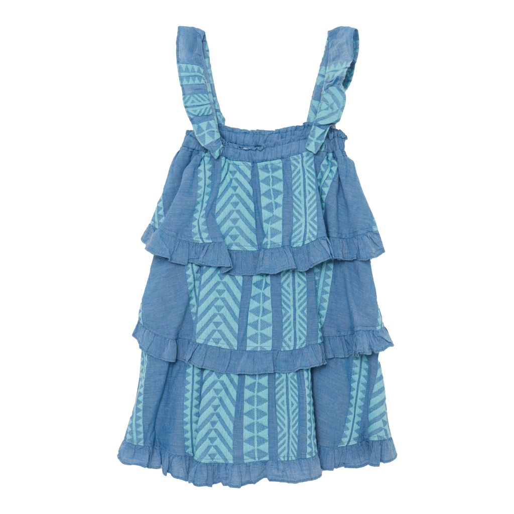 Product shot of back of Devotion Twins Stars Eliza dress in shades of blue