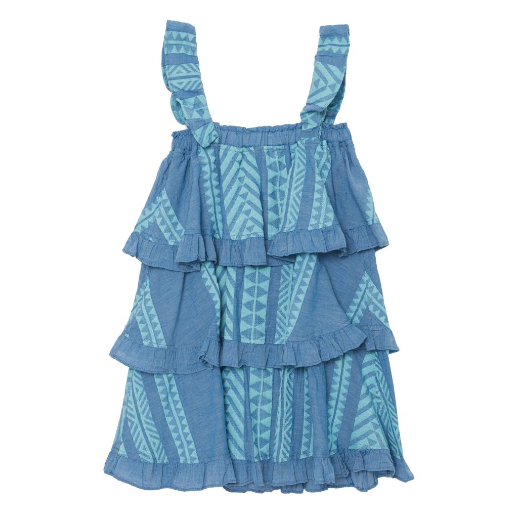 Product shot of front of Devotion Twins Stars Eliza dress in shades of blue