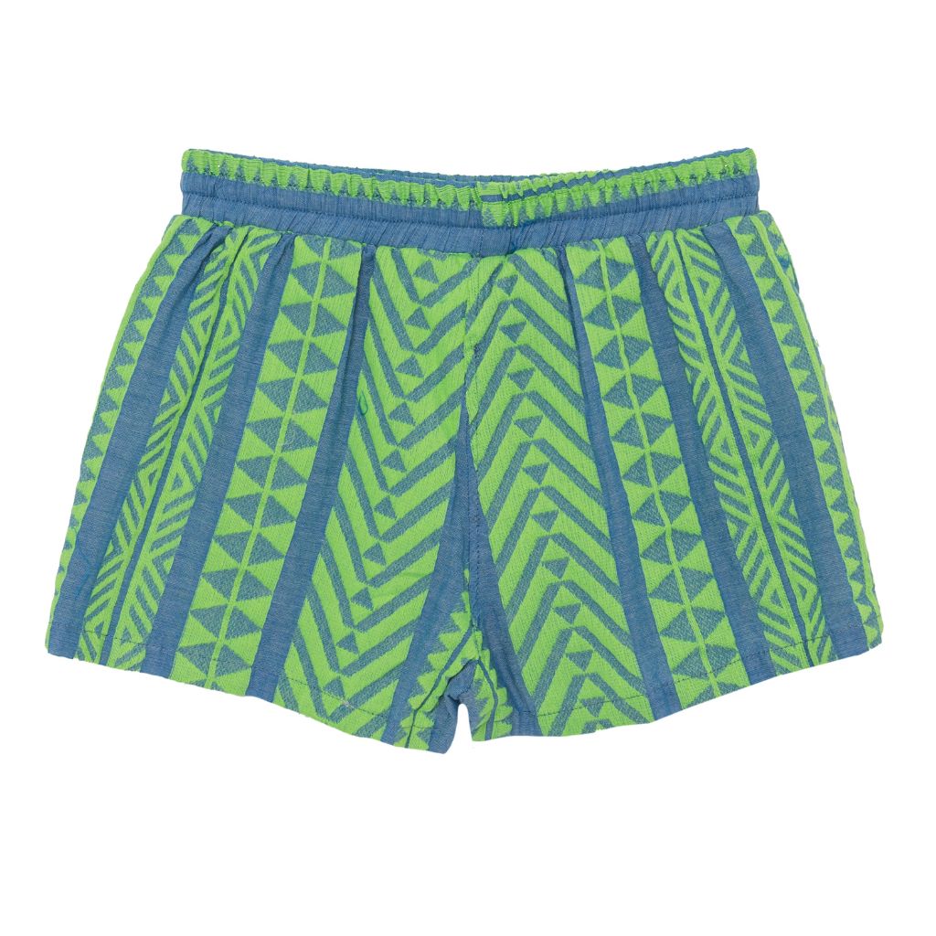 Product shot of the back of the Devotion Twins Stars Evita shorts in neon green and blue