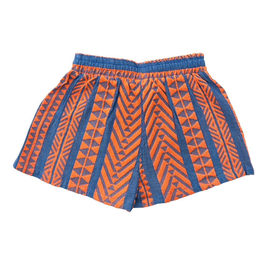 Product shot of the back of the Devotion Twins Stars Evita shorts in orange and blue