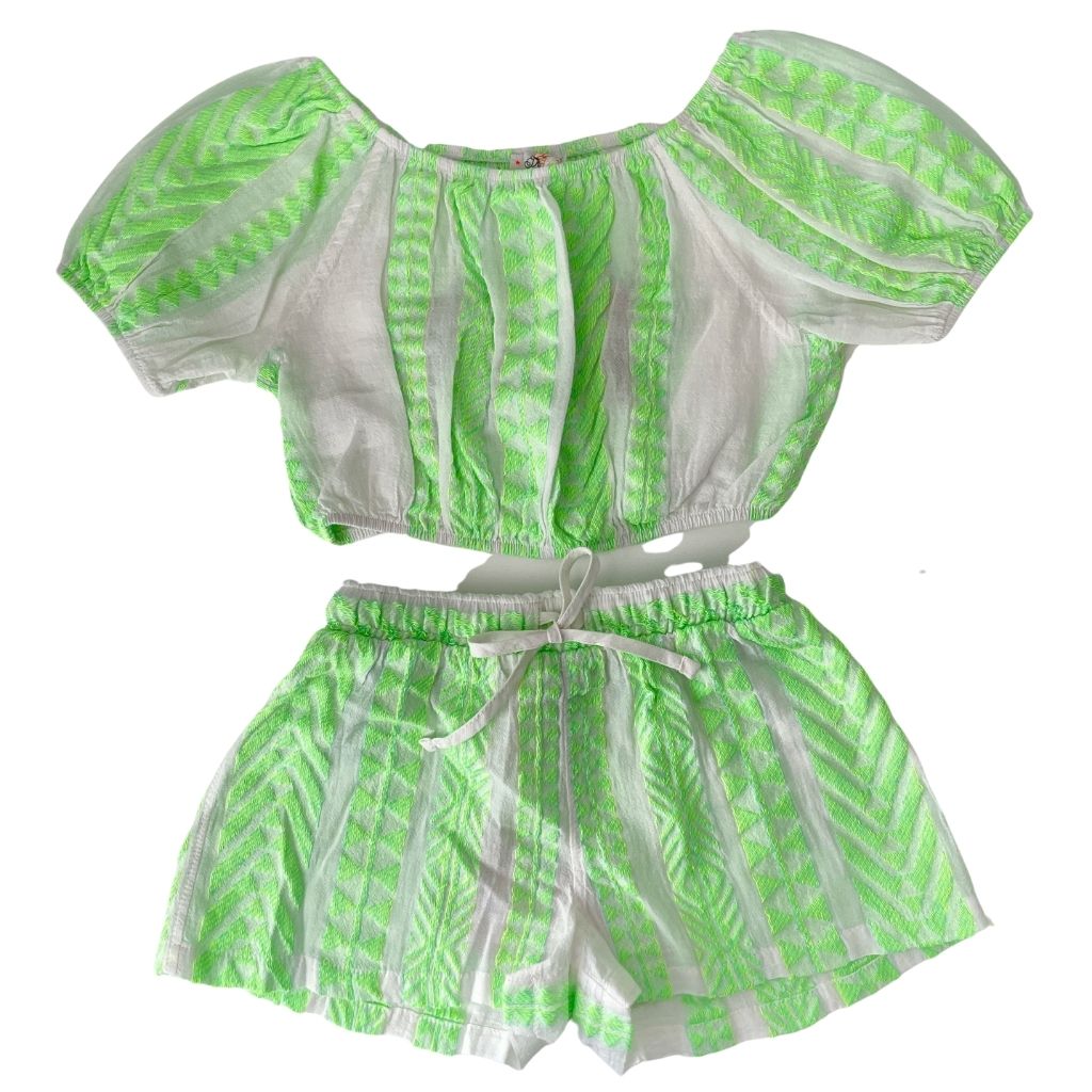 The Iria blouse top and Kelly Shorts in neon green from the children's line of Greek brand, Devotion Twins