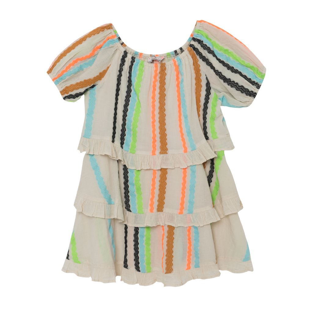 Front product view of the Lyda dress from Devotion Twin Stars featuring multicoloured ric rac trims