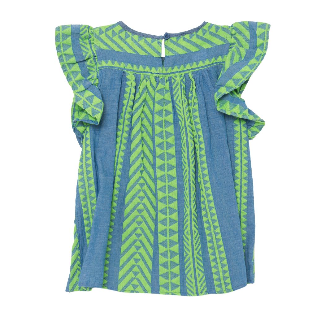 Product shot of the back of the Devotion Twins Stars Violeta blouse in neon green and blue