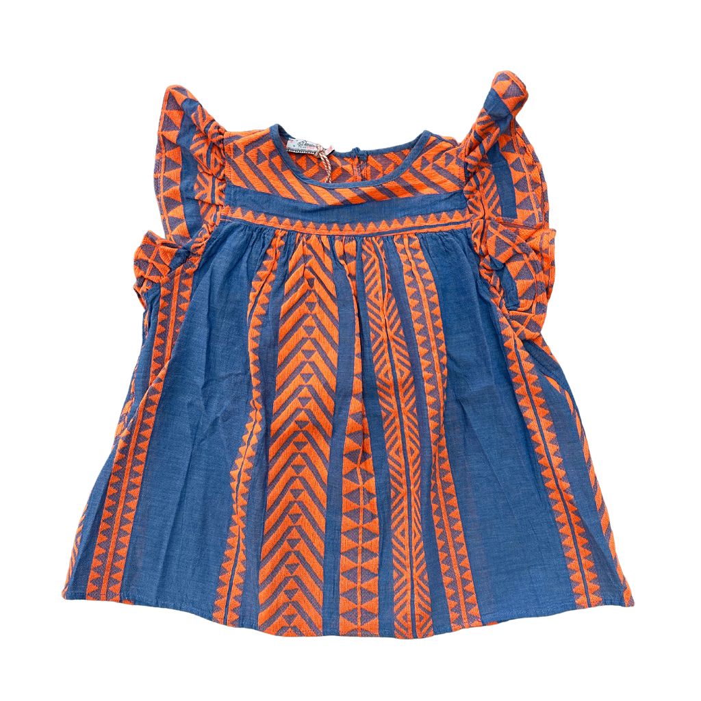 Product shot of the front of the Devotion Twins Stars Violeta Blouse Top in Orange and Blue