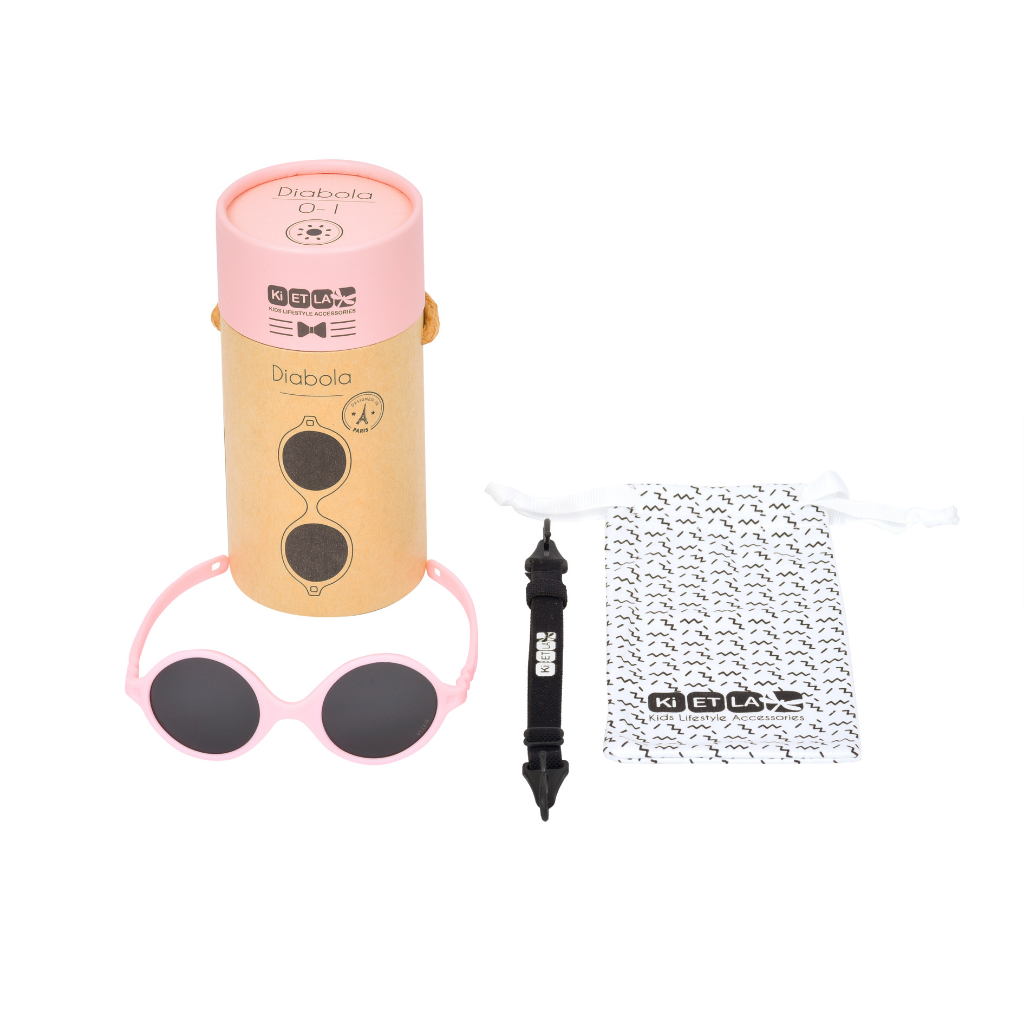 Product image of contents of Ki et La baby Diabola sunglasses for 0 - 1 year olds in blush pink to include box, sunglasses, strap and soft pouch