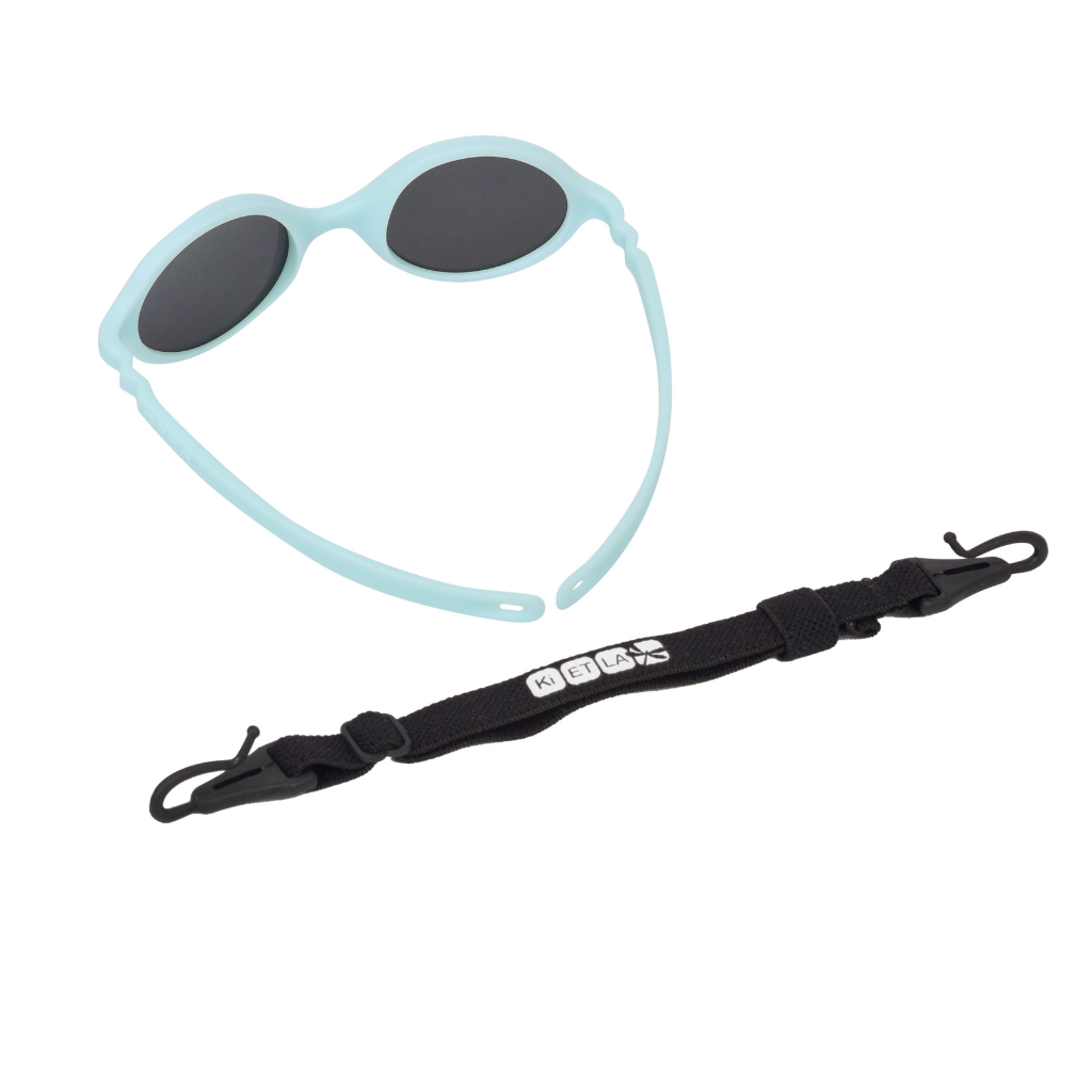 View of Ki et La Baby Diabola Sunglasses in Sky Blue for 0 - 1 year olds to include adjustable strap