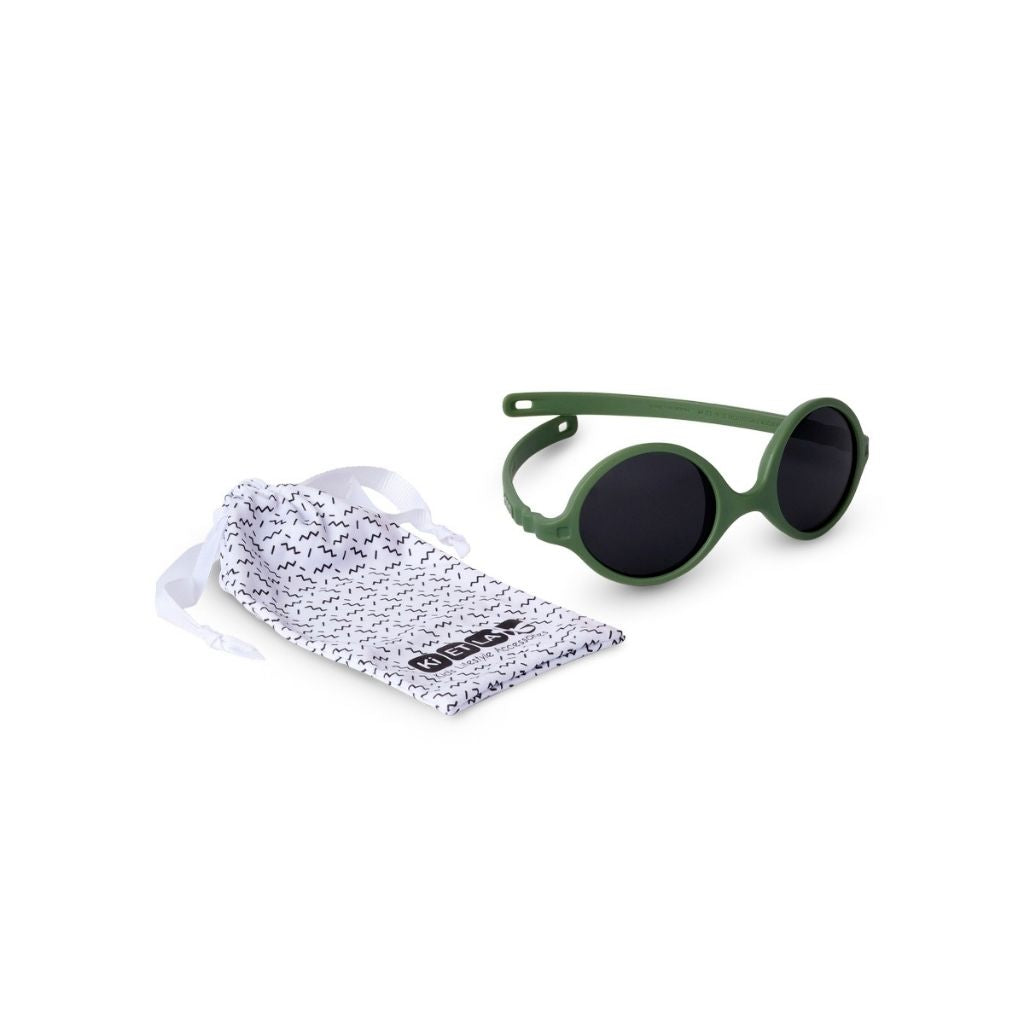 Sunglasses and case for Ki et La Diabola baby sunglasses in khaki green