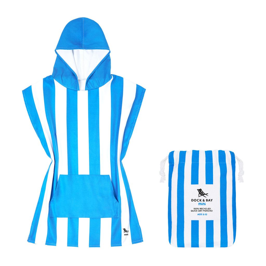 Product shot of Dock and Bay kids hooded poncho in Bondi blue with pouch