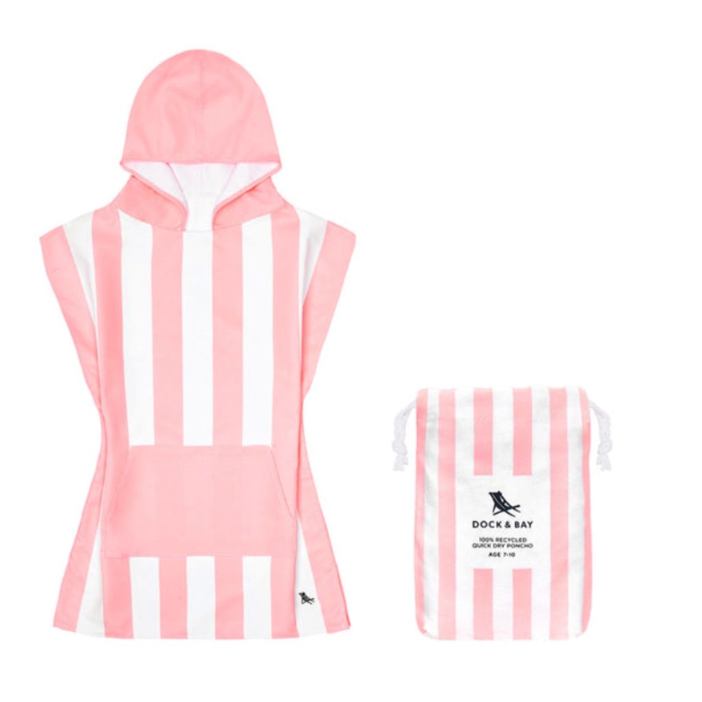 Product shot of Dock and Bay kids hooded poncho and pouch in Malibu Pink