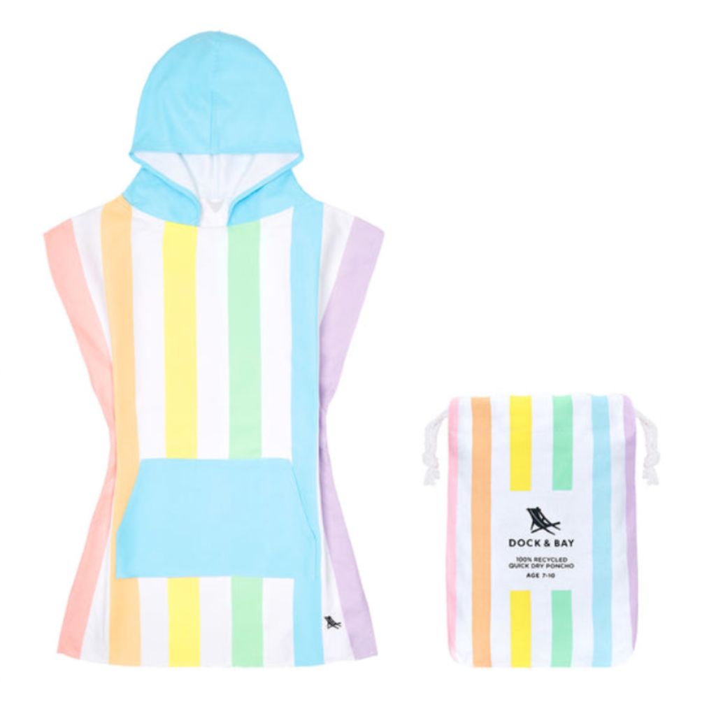 Product shot of Dock and Bay kids hooded poncho and pouch in Unicorn Waves