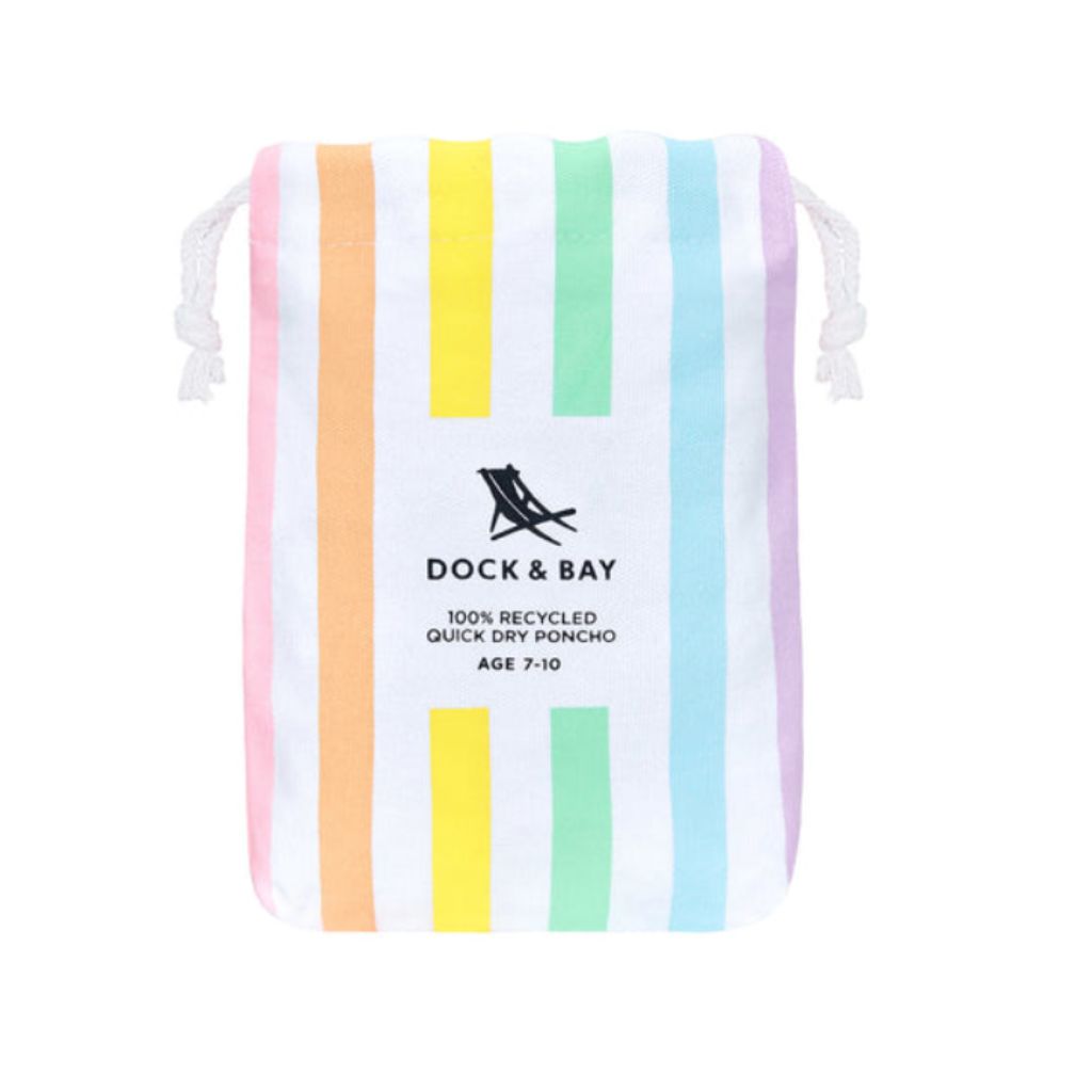 Product shot of pouch of Dock and Bay kids hooded poncho in Unicorn Waves