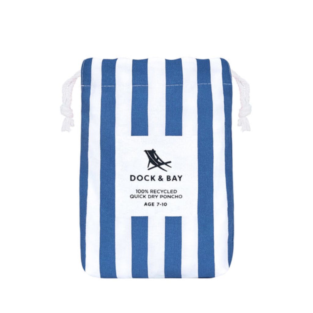 Product shot of pouch for Dock and Bay kids hooded poncho in Whitsunday Blue