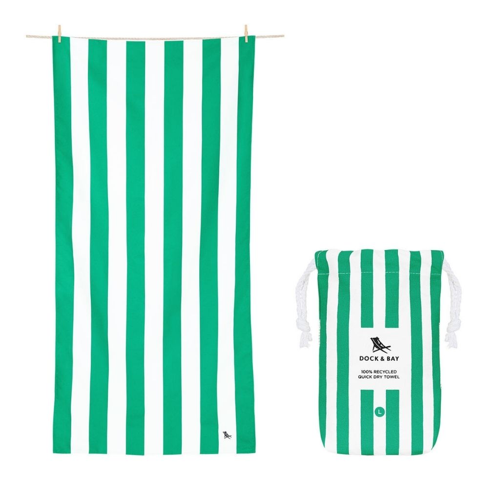 Product shot of Dock and Bay Signature striped cabana towel and pouch in Cancun Green