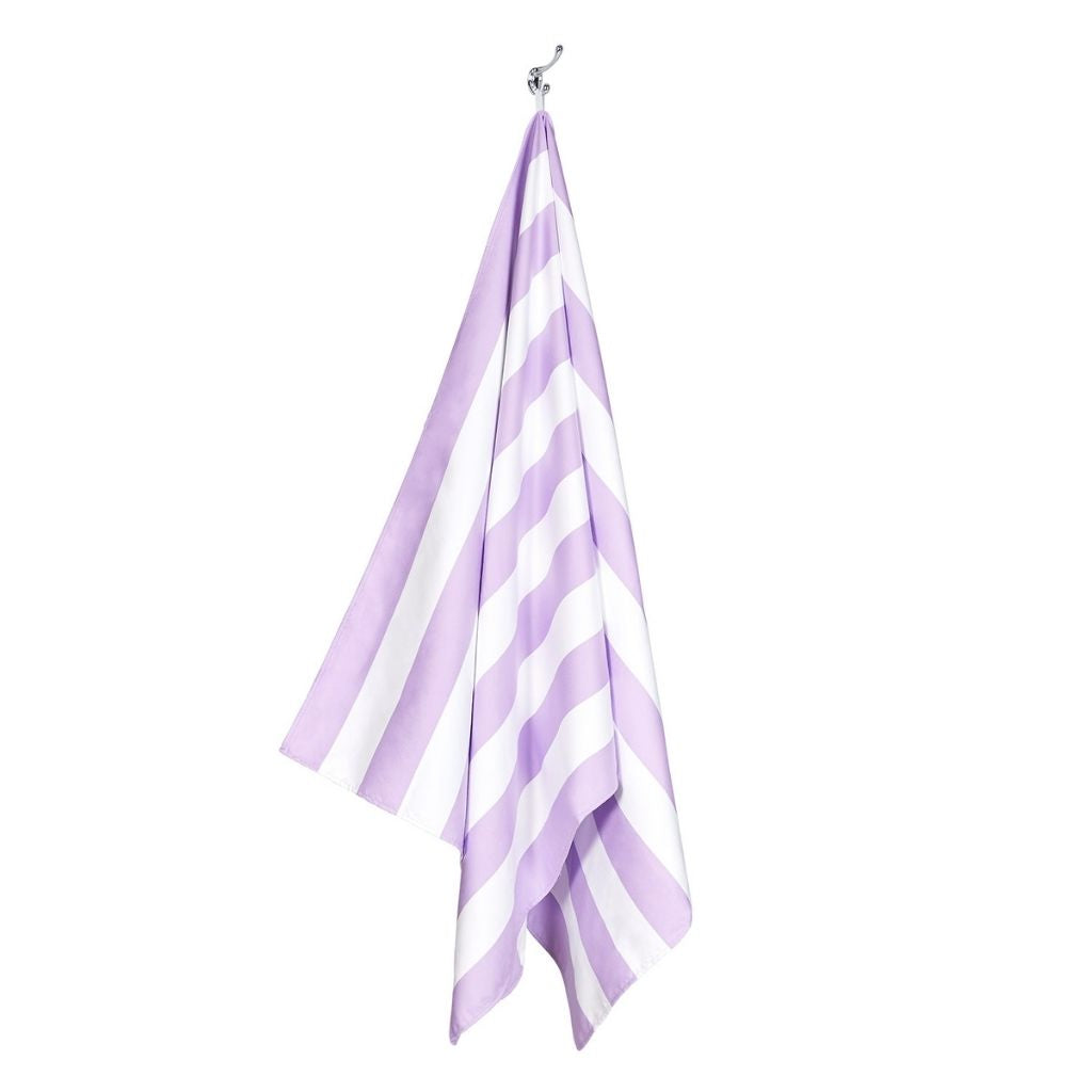 Hanging Dock and Bay Signature striped cabana towel in Lombok Lilac