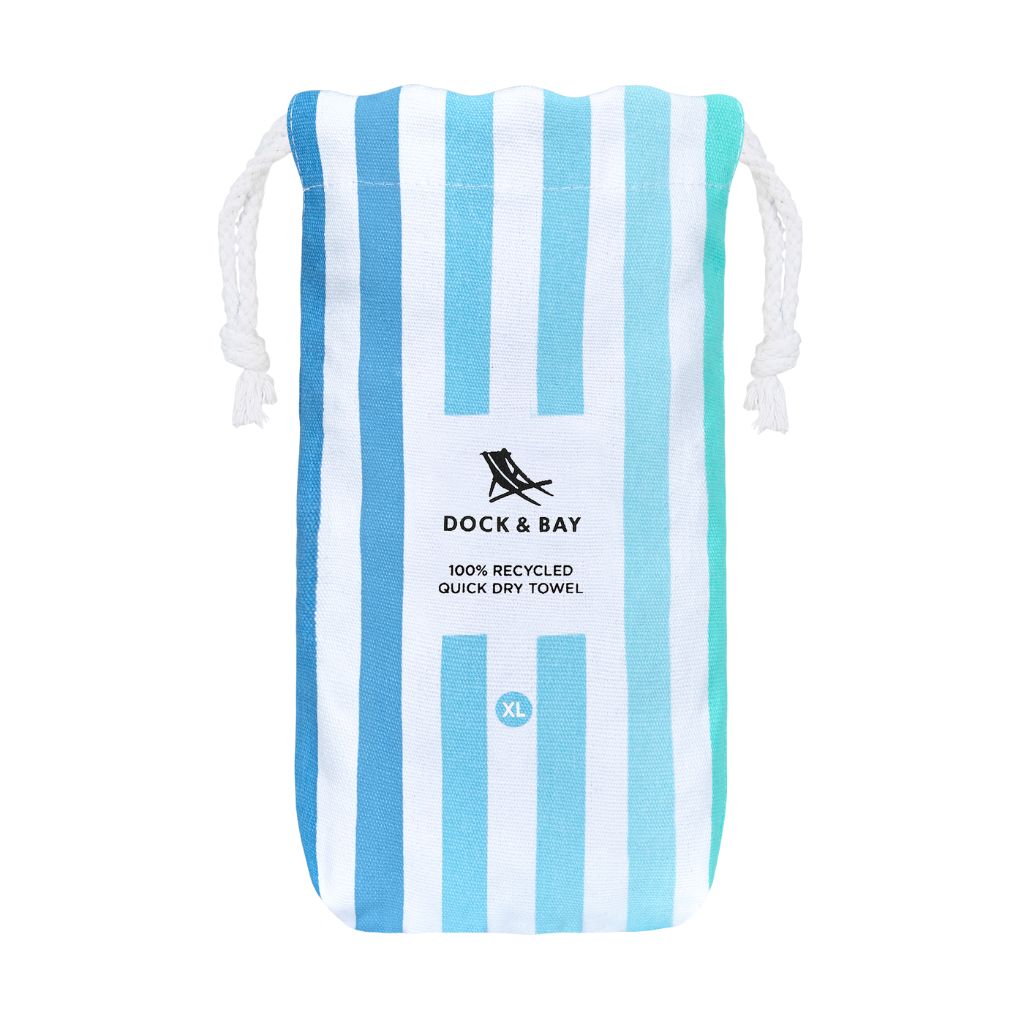 Product shot of Dock and Bay Striped Summer Beach towel pouch in Endless River