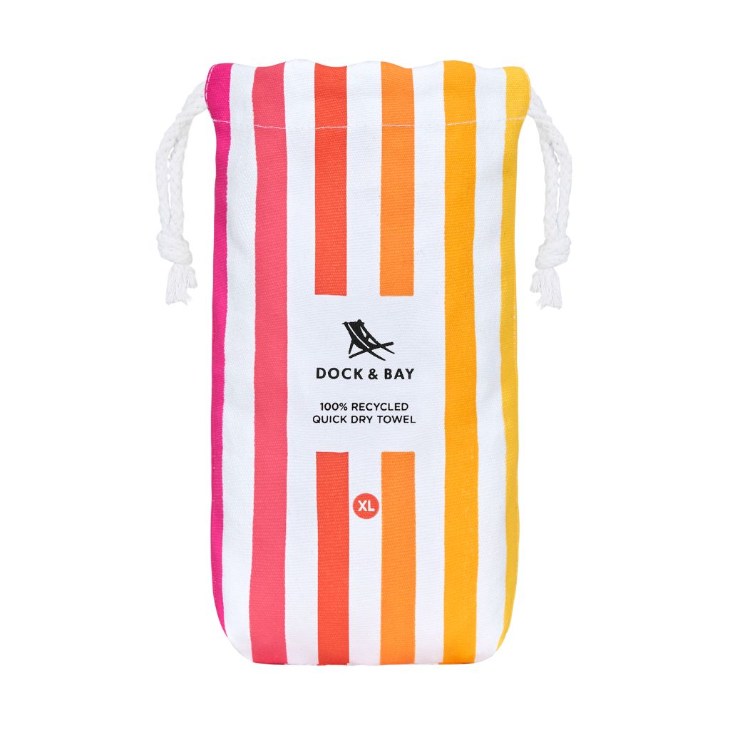 Product shot of Dock and Bay Striped Summer Beach towel pouch in Peach Sunrise