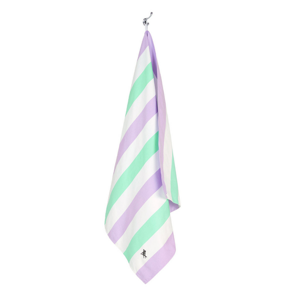 Hanging Dock & Bay fast-drying summer beach towel in Lavender Fields featuring lilac purple and mint green stripes