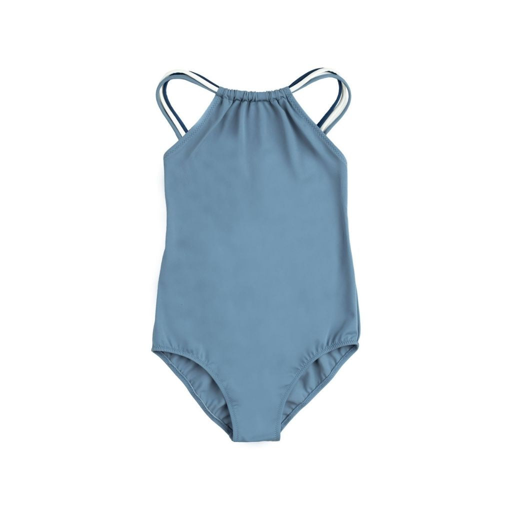 Front view of the Folpetto Frida one piece swimsuit in dusty blue, midnight and ivory