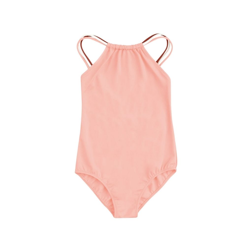 Front view of the Folpetto Frida one piece swimsuit in peach pink, terracotta and ivory