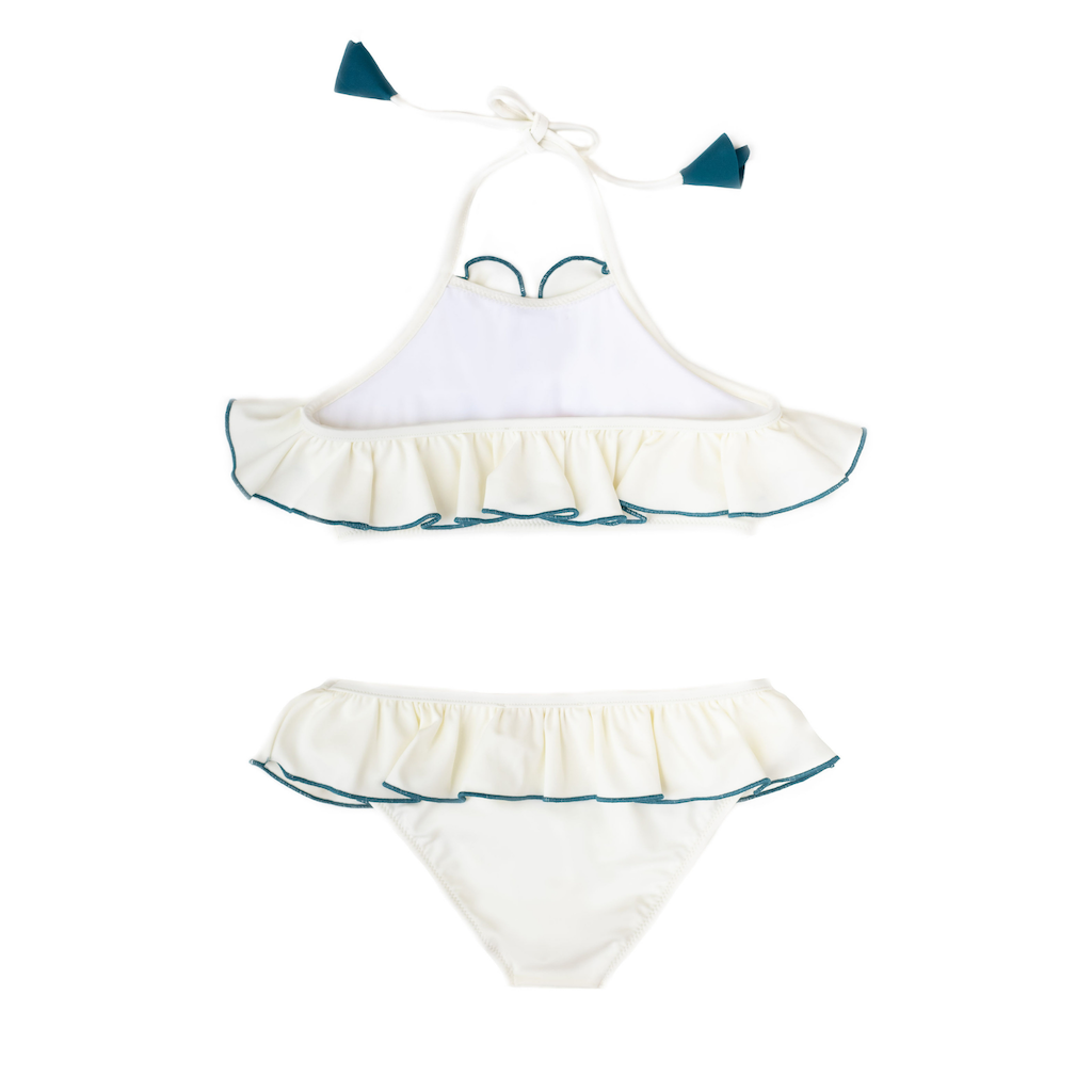 Back of Folpetto Leila ruffle bikini with halter neck for girls in white and teal blue