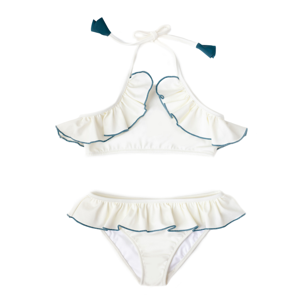 Folpetto Leila ruffle bikini with halter neck for girls in white and teal blue