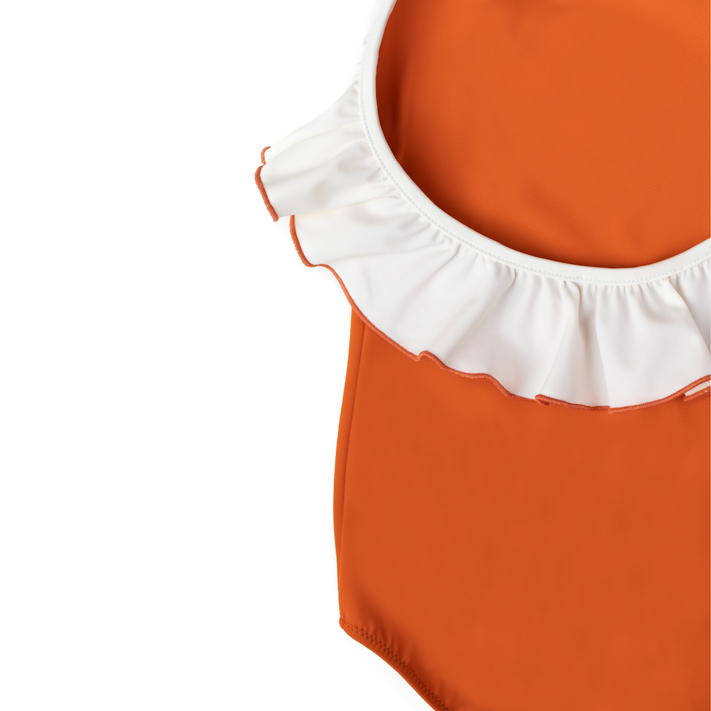 Folpetto linda halterneck girls swimsuit with ruffles in cinnamon orange and white