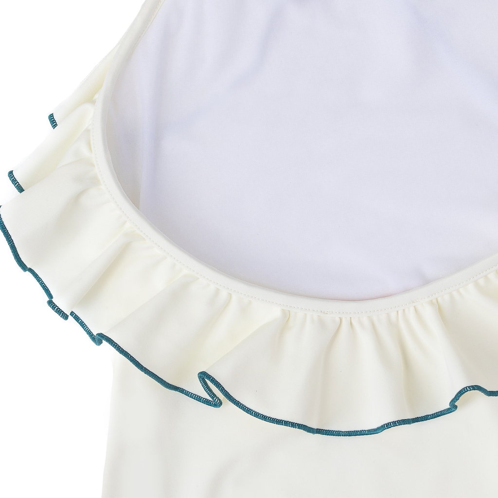 Close up of back of Folpetto linda halterneck girls swimsuit with ruffles in white and teal blue