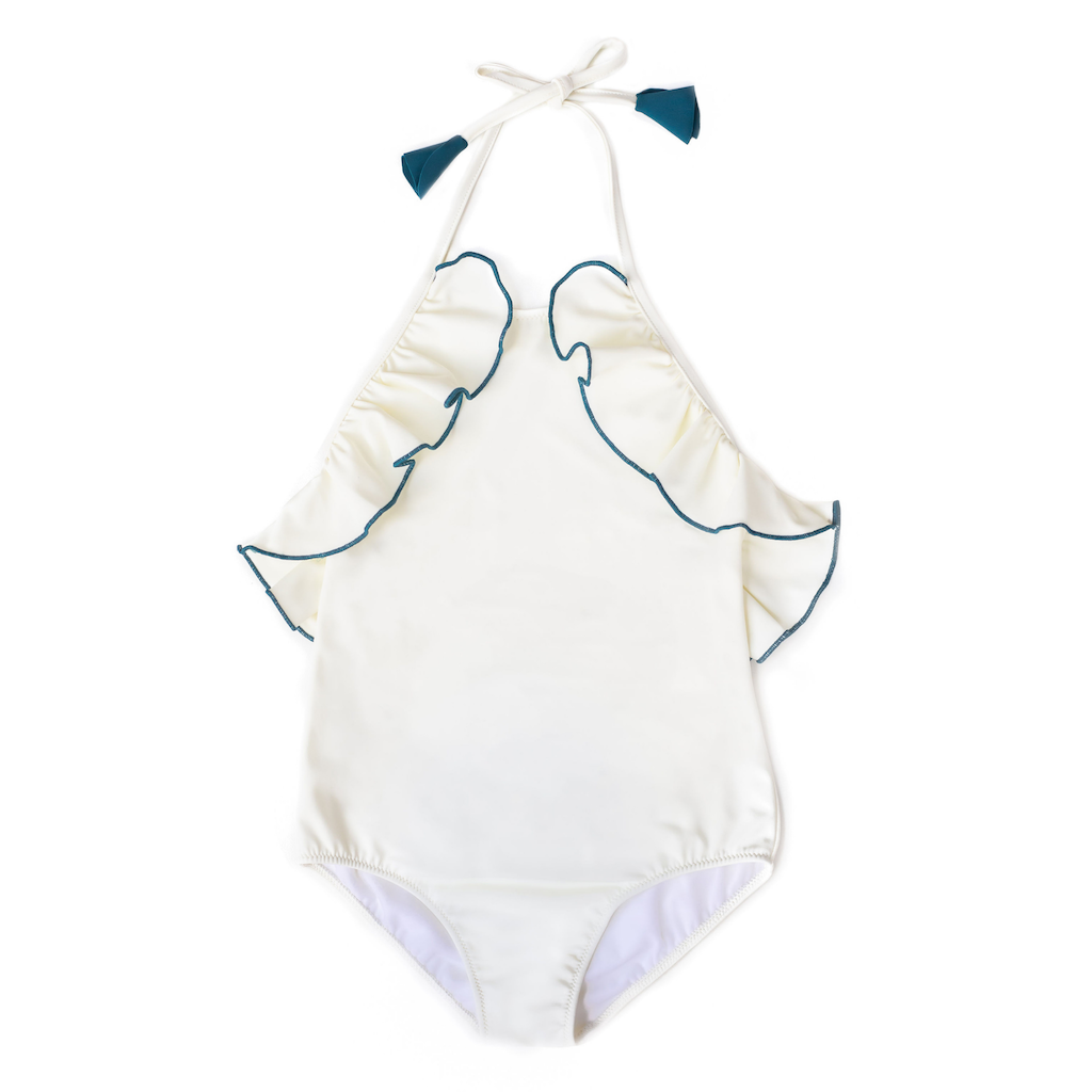 Folpetto linda halterneck girls swimsuit with ruffles in white and teal blue