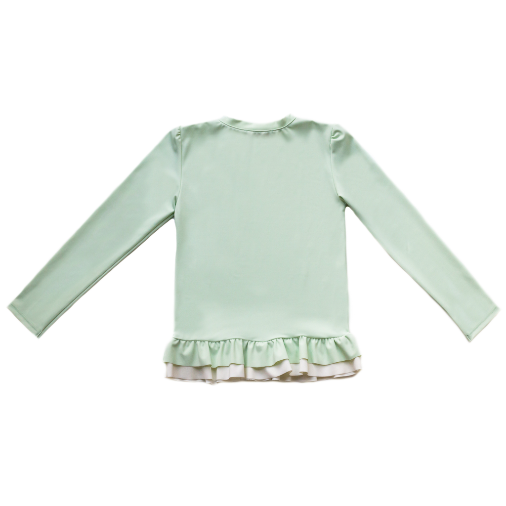 Folpetto Lucie rash guard cover up for girls in delicate mint green with white ruffle