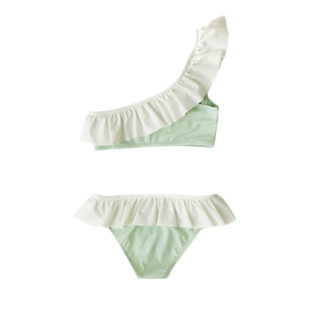 Folpetto Maia one shouldered bikini for girls in delicate mint green with white ruffle