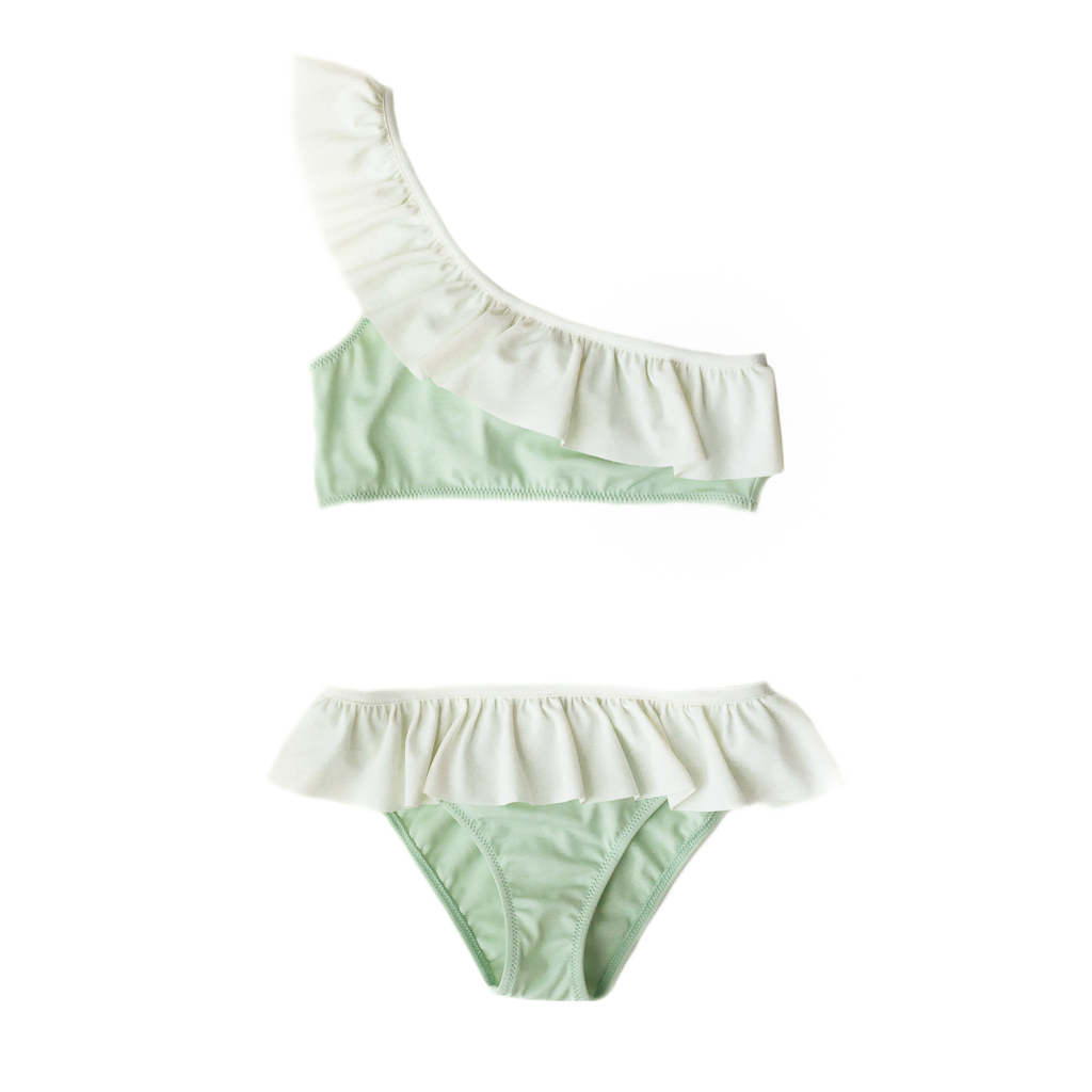 Folpetto Maia one shouldered bikini for girls in delicate mint green with white ruffle