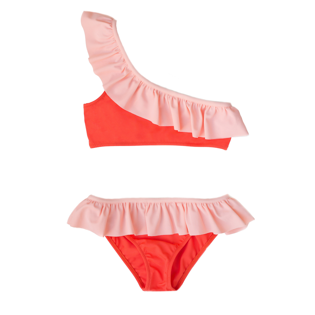 Folpetto Maia one shouldered bikini for girls in mandarin red with peach pink ruffle