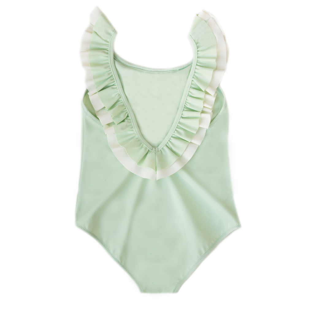 Folpetto penelope swimsuit for girls in delicate mint green with white ruffle