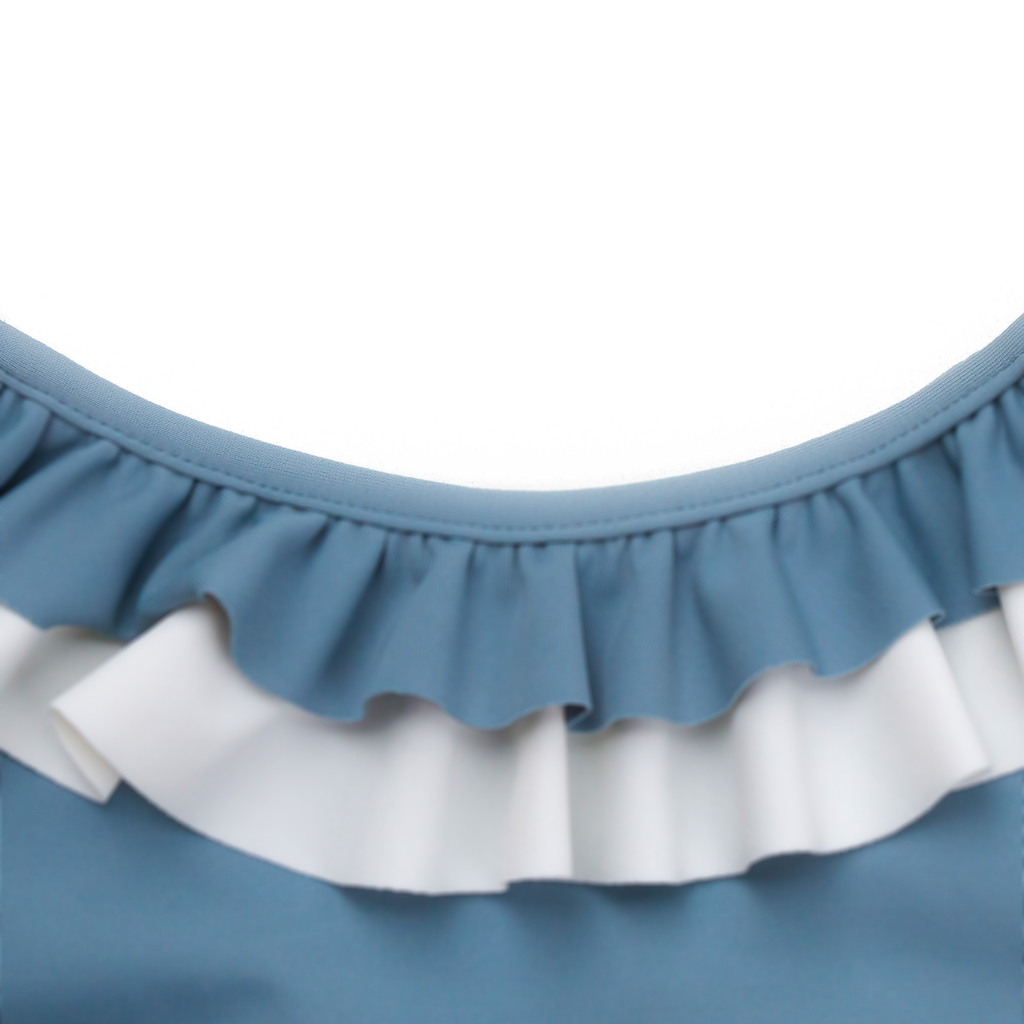 Folpetto penelope swimsuit for girls in dusty blue with white ruffle