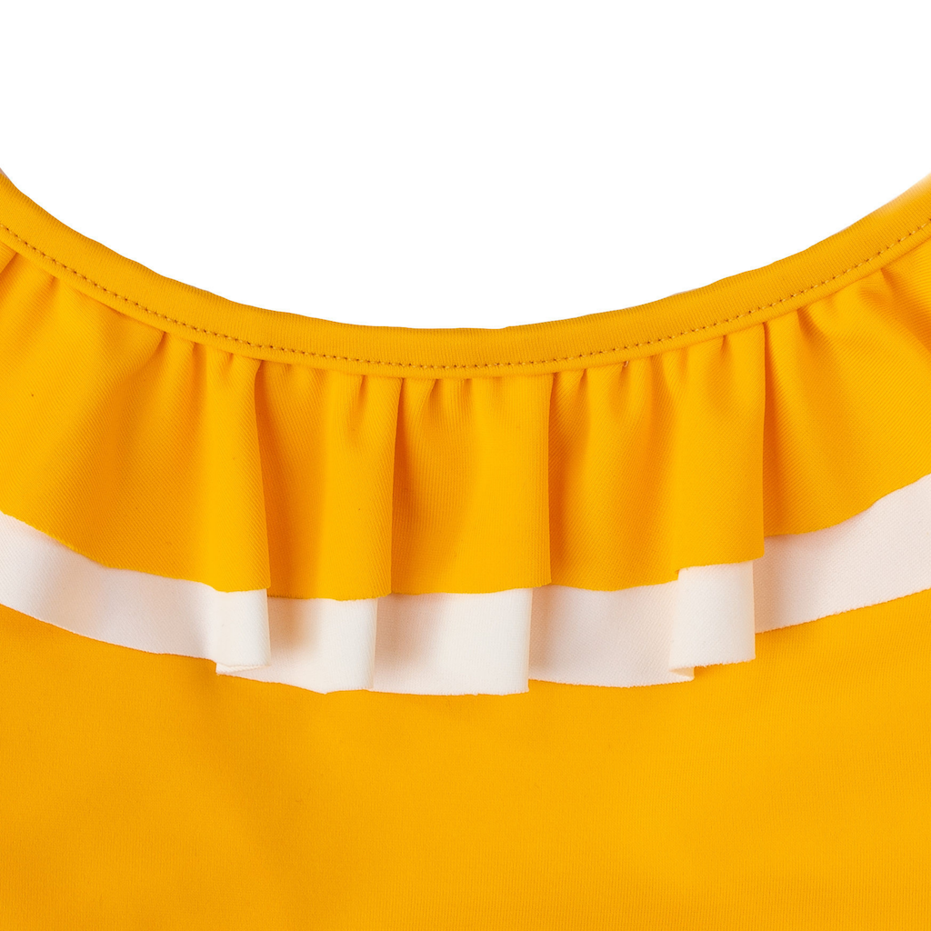 Folpetto penelope swimsuit for girls in mango yellow with white ruffle