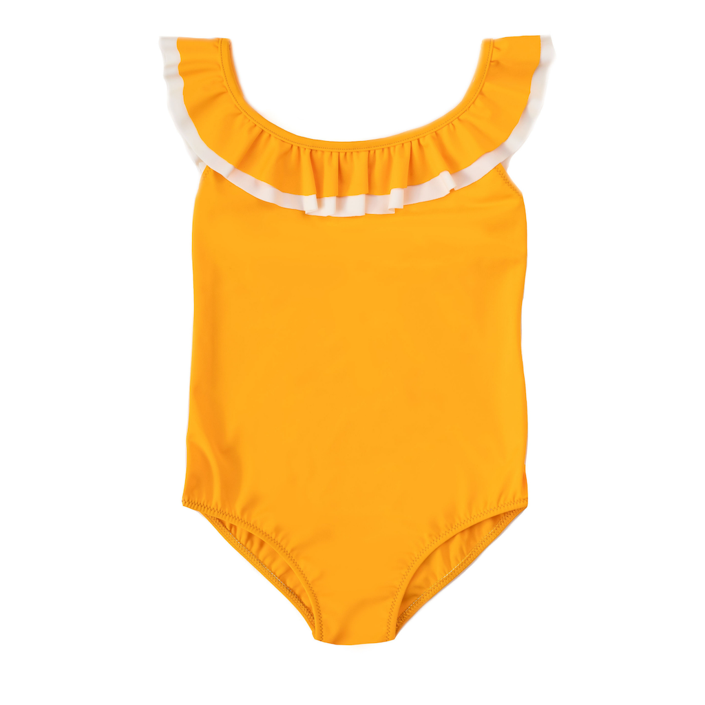 Folpetto penelope swimsuit for girls in mango yellow with white ruffle