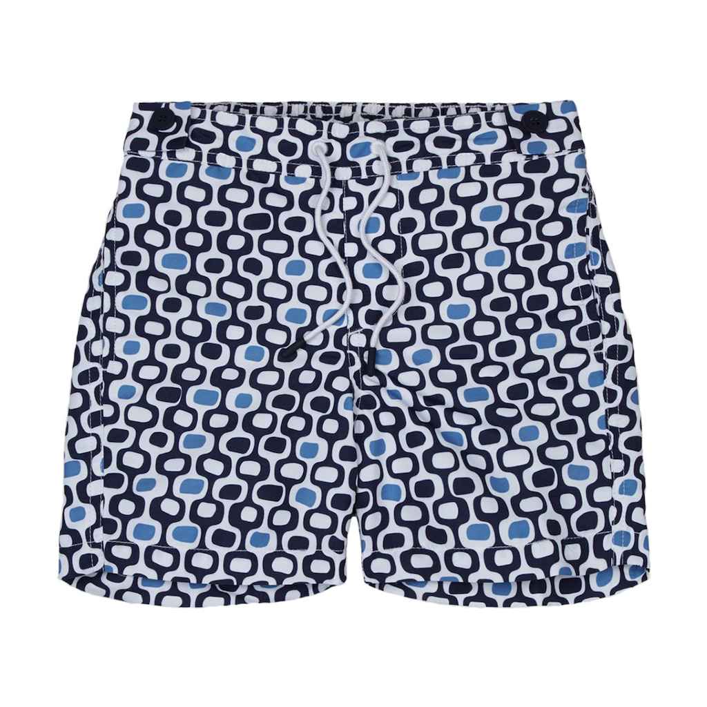 Frescobol Carioca Ipanema swim shorts for boys in blue and white block pattern
