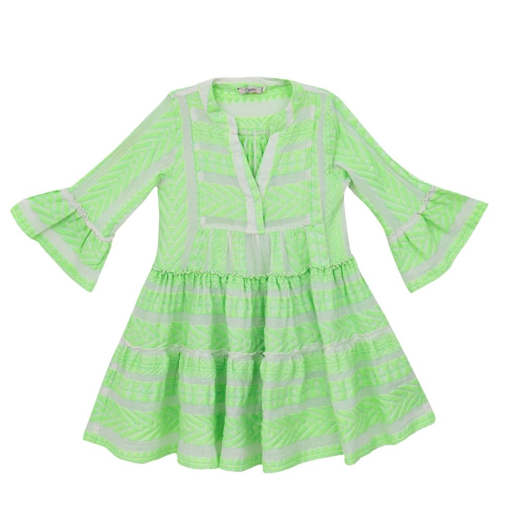 Front of the Ella Mini dress in neon green from the children's line of Greek brand, Devotion Twins 
