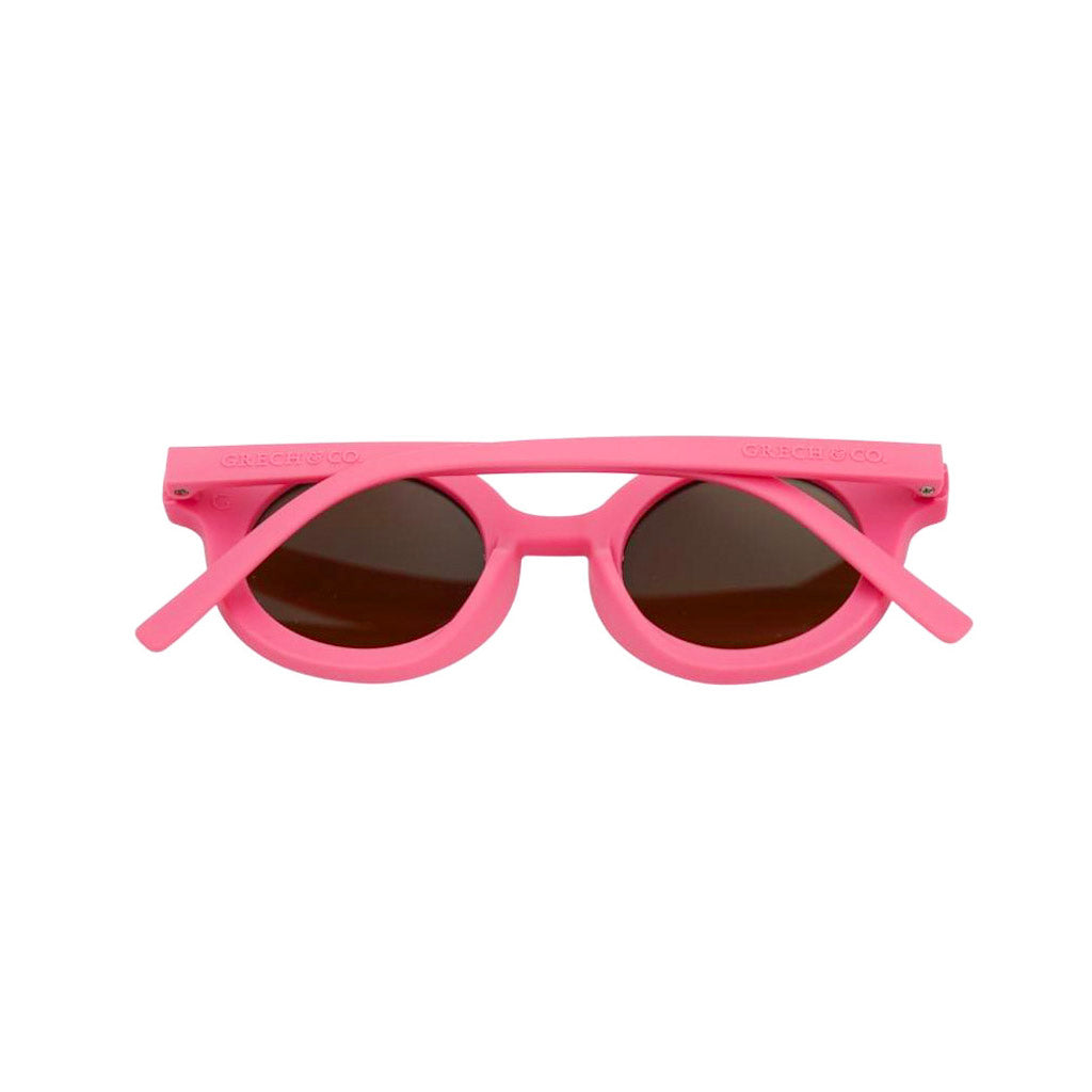 Back shot of Grech and Co sustainable round sunglasses in Bubblegum 