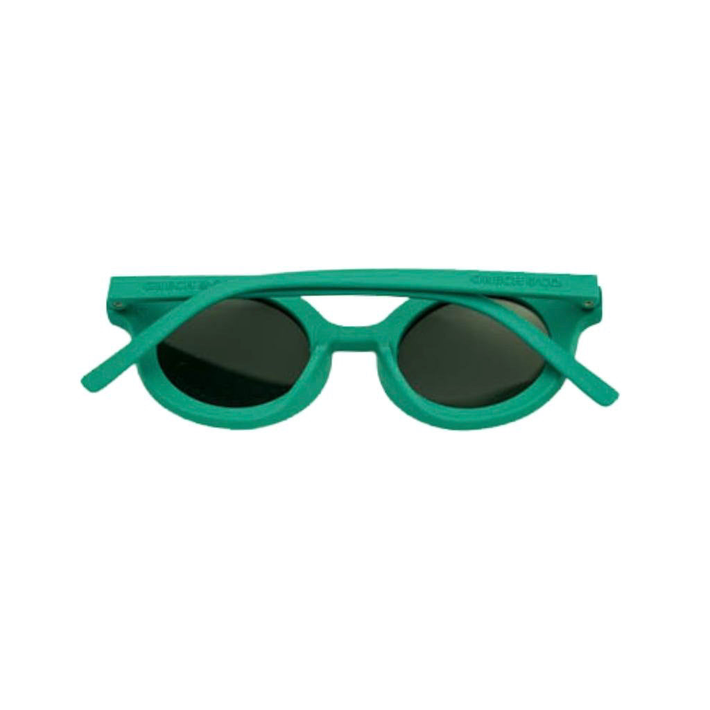 Back shot of Grech and Co sustainable round sunglasses in Emerald