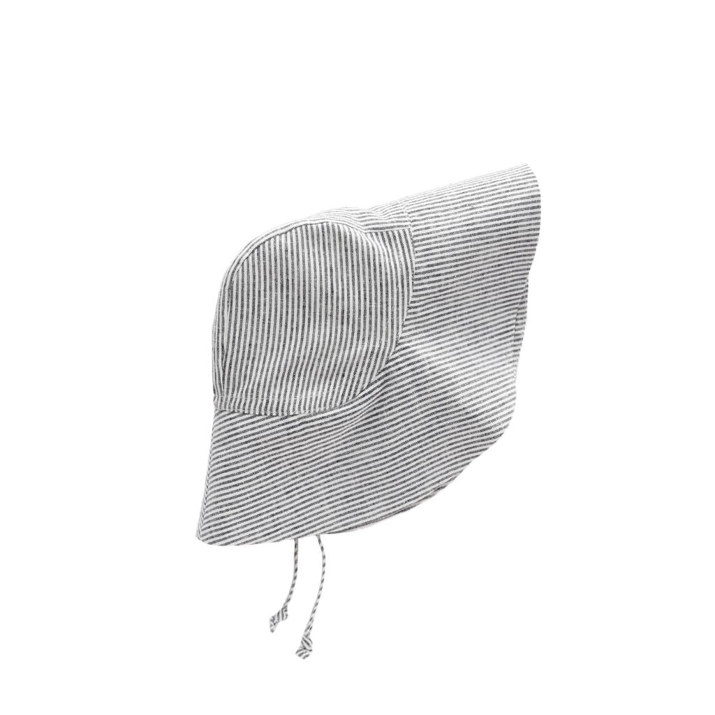 Profile of Unisex 100% linen baby sun bonnet from Briar Baby in navy and White Island Stripe