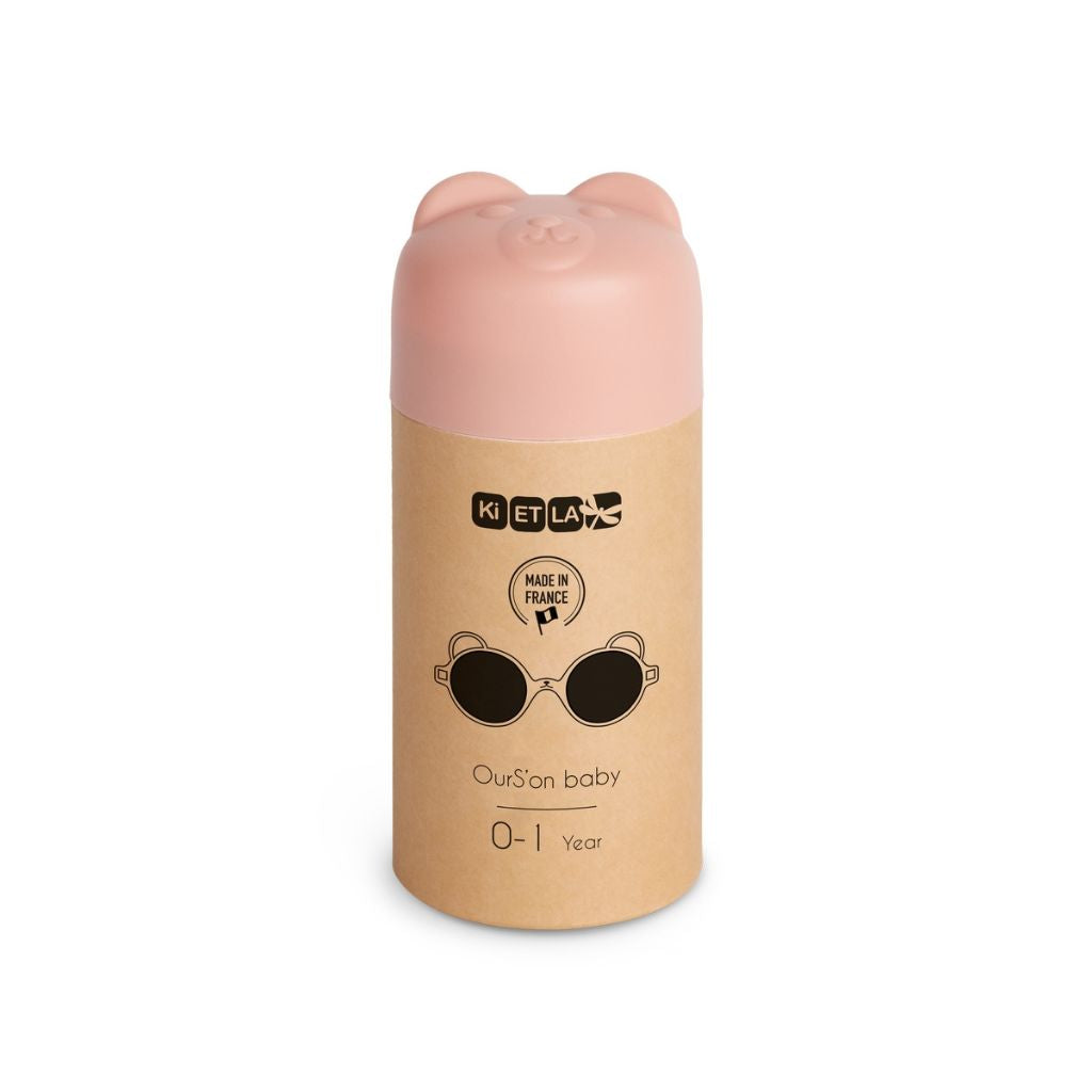 Packaging for Ki et La children's Ours'on teddy bear sunglasses in peach pink
