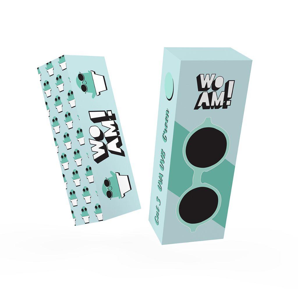 Packaging for Ki et La Woam round lens children's sunglasses in bright green