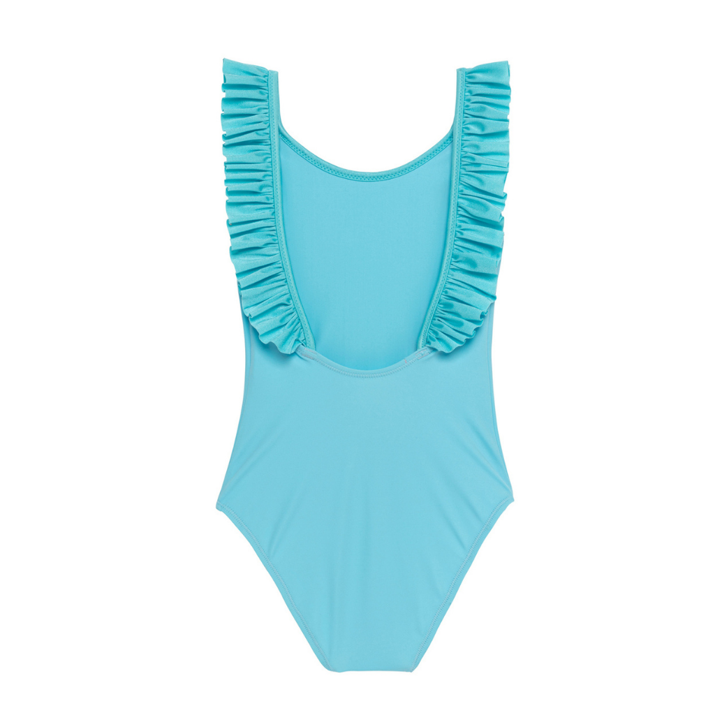 Front of Lison Paris Girl's Bora Bora Swimsuit in Ciel Light Blue with ruffles