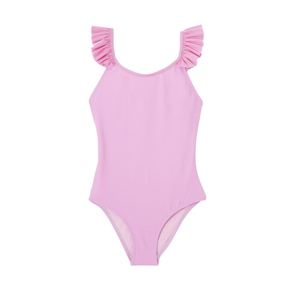 Front view of Lison Paris best-selling girls swimsuit the Bora Bora in new shade for spring summer 2022 Lila / lilac