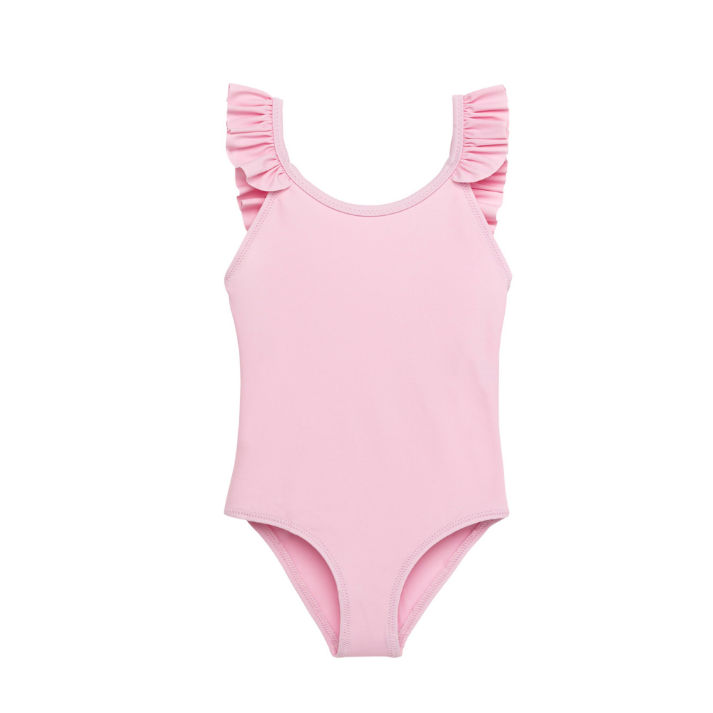 Front of Lison Paris Girl's Bora Bora Swimsuit in Light Pink with ruffles
