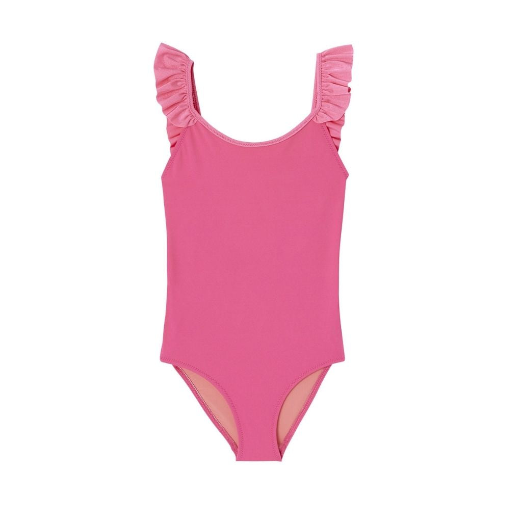 Front view of Lison Paris best-selling girls swimsuit the Bora Bora in Candy Pink