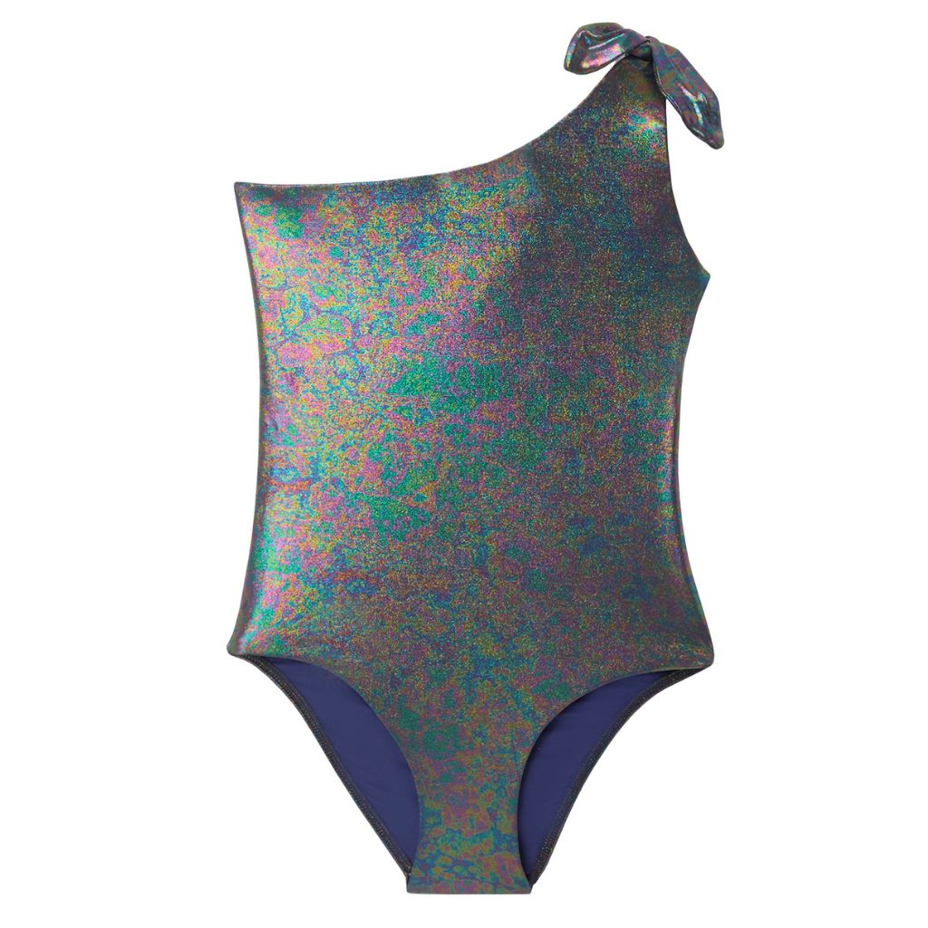 Product shot of the front of the Lison Paris disco one shouldered swimsuit in multicolour